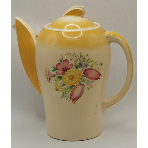 105 - A yellow 'Swansea Spray' Kestrel part-coffee set by Susie Cooper, mid-1930s, comprising coffee pot a... 