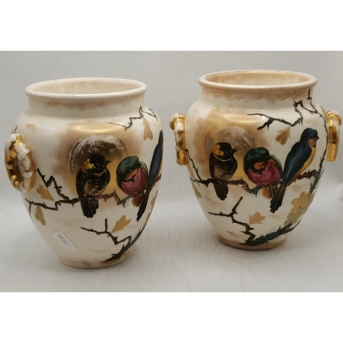 116 - A pair of 17cm Victorian vases with bird decoration plus a pair of Cauldon serving plates