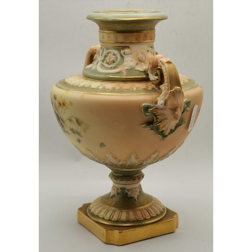 146 - A Royal Worcester blush ivory twin-handled vase, lacking cover, puce factory mark, model no. 1572. 2... 