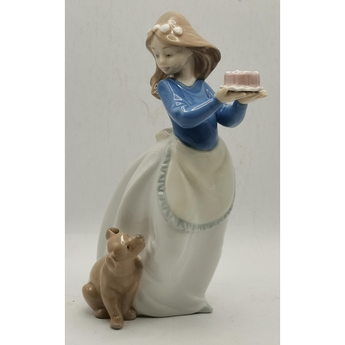 181 - A group of five Nao porcelain models comprising a female figure (a/f), girl with cake and puppy, a d... 