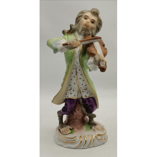 182 - Seven porcelain monkey band figures, c.1950s, unmarked but possibly Sitzendorf. (7) Tallest 20.5cm h... 