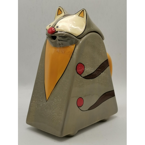 188 - A cubist novelty cat teapot, 20th Century, triangular, decorated grey with orange, red, cream and br... 