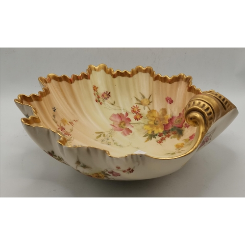 197 - A Royal Worcester blush ivory shell dish, no.1274, decorated with flowers, with gilded rim, impresse... 