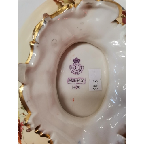 230T - A Royal Worcester blush ivory pedestal dish by Edward Raby, oval, pattern no. 1426, date code 1893, ... 