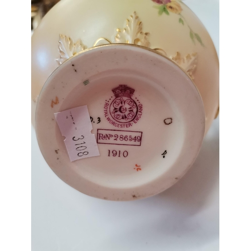 230U - A Royal Worcester blush ivory twin-handled pedestal bowl, pattern no.1910, date code 1898, painted w... 