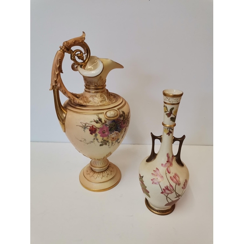 230W - A Royal Worcester blush ivory ewer, pattern no. 1309, date code 1903, painted with roses and floral ... 