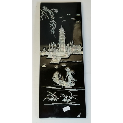 29 - Four oriental black lacquered and mother-of-pearl decorated wooden panels, depicting boating figures... 