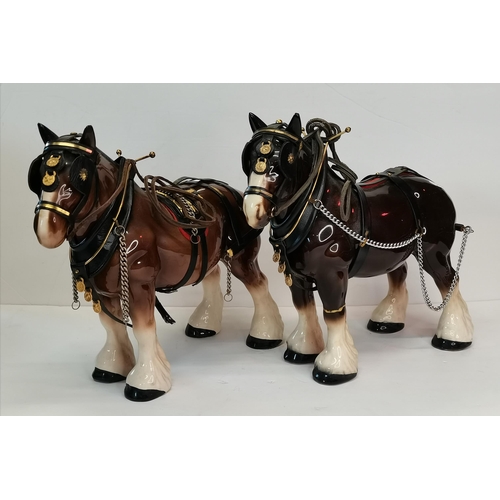 69 - x2 Vintage large Melba Ware Shire horses and 3 carts