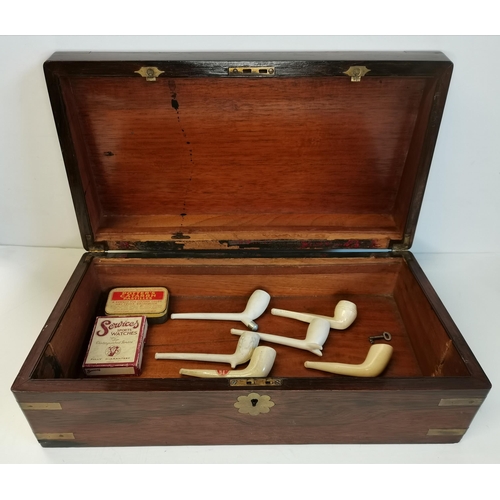 8 - A brass-bound mahogany box, lacking interior writing slopes; together with a quantity of clay pipes.... 