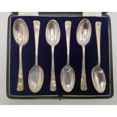 328 - A set of six Edward VIII silver commemorative Coronation spoons by OE & Co, Sheffield 1936, the term... 