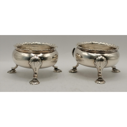 369 - A pair of George II open silver salts, maker's mark rubbed, London 1756, bellied circular with a sha... 