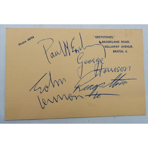 399 - Beatles Interest: A postcard with Beatles signatures, signed by Paul McCartney, George Harrison, Joh... 