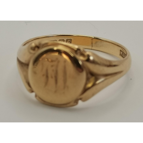 405 - Two 9 carat gold signet rings, both hallmarked, one with round top engraved with an initial, ring si... 