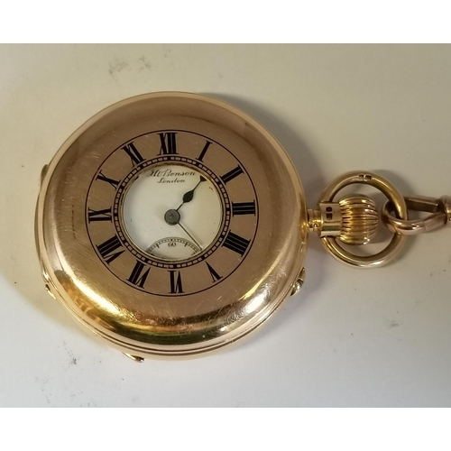 422 - An 18 carat gold half hunter pocket watch, the cream enamel dial signed J W Benson London, with Roma... 