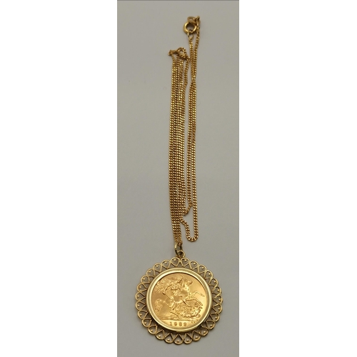 430 - An Elizabeth II half sovereign pendant necklace, 1982, set in a 9 carat gold mount to a 9 carat gold... 