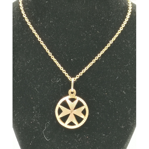 431 - A 9 carat gold Maltese Cross pendant necklace, stamped '375', to an Italian 18 carat gold chain, sta... 