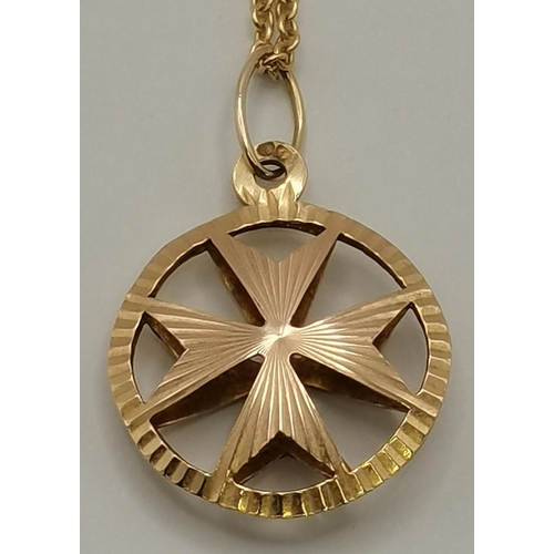 431 - A 9 carat gold Maltese Cross pendant necklace, stamped '375', to an Italian 18 carat gold chain, sta... 