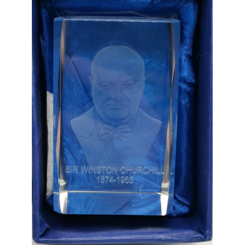 484 - Churchill Interest: A miscellaneous group comprising a glass paperweight laser-engraved with a bust ... 