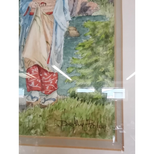 501 - Pen and watercolour painting of two geishas in a garden setting, signed Dorothy Pooley lower right, ... 