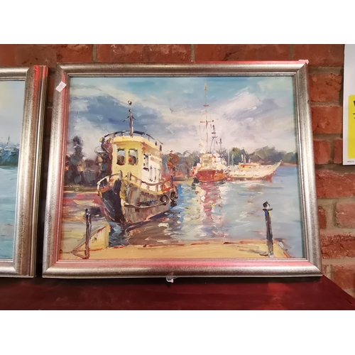 509 - A pair of harbour paintings, 20th Century, oil on board, unsigned, framed. (2) 38.5cm by 49cm