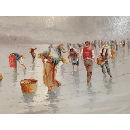 521 - Cockle pickers on a beach, 20th Century, oil on canvas, indistinctly signed lower right, framed. 44c... 