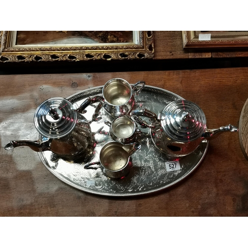 527 - A four-piece silver-plated tea and coffee service on tray, comprising teapot, coffee pot, cream jug ... 