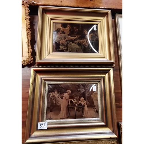 533 - Two Victorian crystoleums, one depicting three ladies admiring jewellery on a table; the other with ... 