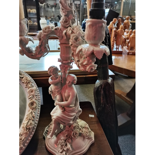 536 - A Pair of Meissen candelabra lights with women holding child design  plus Antique Meissen Oval Table... 