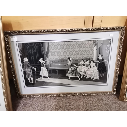 548F - Three French embroidered silk pictures of figural scenes, c.1900s, comprising ladies fencing indoors... 