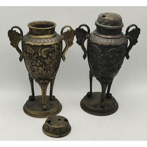 571 - A Pair of Japanese Bronze Incense burners (A/F) plus an antique Tibetan bronze cow bell