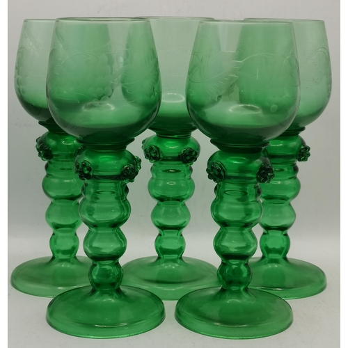 594 - x3 Glass decanters plus green wine glasses