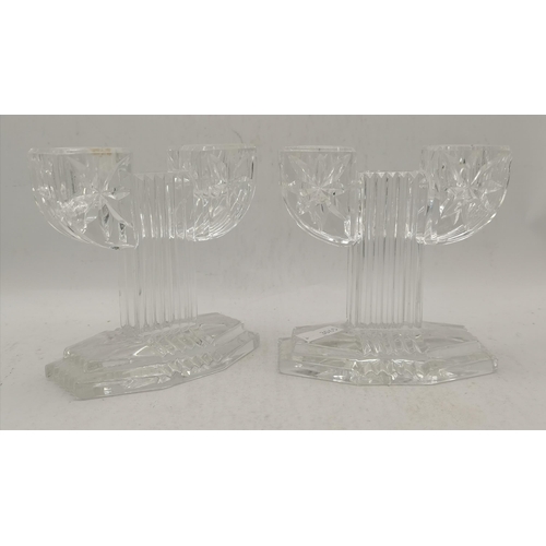 598 - A pair of Waterford Crystal style candlesticks plus 3 x CLARICE CLIFF PLATES