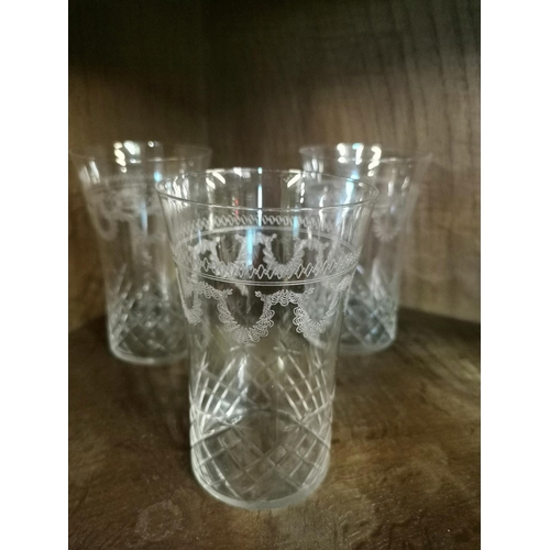 607 - Set of 10 Edwardian Acid Etched Water Tumblers and Jug - Acid etched border with garlands around the... 