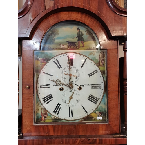 627 - An 8 day longcase clock with painted face BARKERS OF EASINGWOLD, in oak and mahogany case