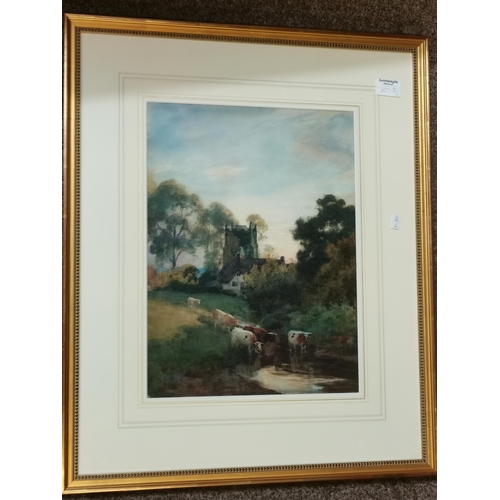 657D - Cattle at a pond, watercolour, signed S.Towers lower left, framed, 42cm by 31cm; together with Three... 