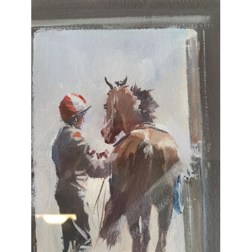 658 - David Trundley (British, b.1949), Leaving the stable (Jockey and Racehorse), signed lower right, fra... 