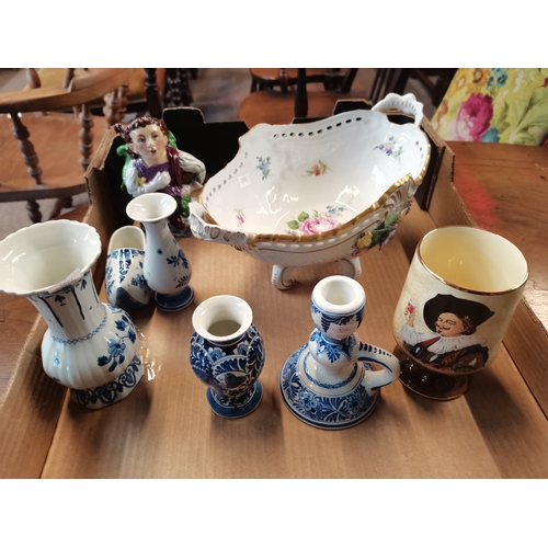 105A - A collection of Delft blue and white china, Miniature toby jug, German highly decorated Dresden styl... 