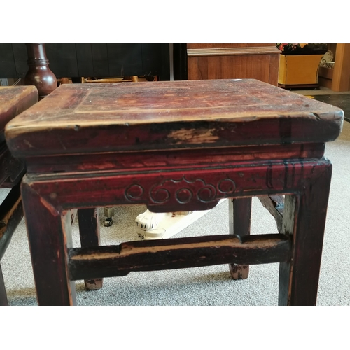 671 - A pair of Chinese low tables in pine and painted in rouge. decorative scroll carving to 4 sides size... 