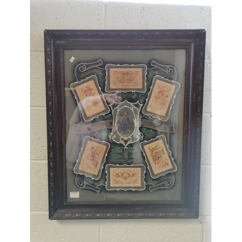 728c - Antique framed silk embroideries in commemorative setting