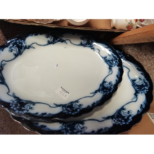 775b - Box of China, glassware, Blue Delfts oil bottle and 2 blue and white meat platters Part Paragon tea ... 