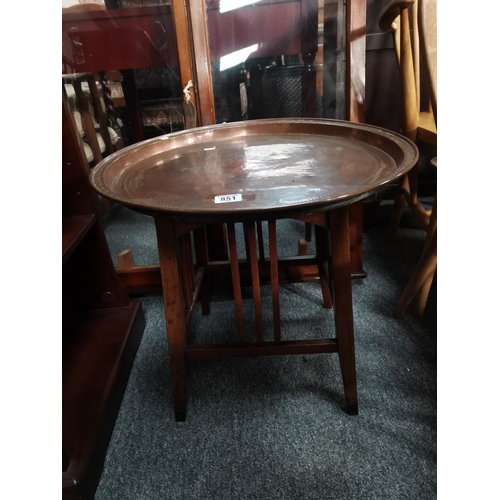 851 - An Arts and crafts style oak side table with engraved copper top plus a 1.1m x 90cm display cabinet ... 