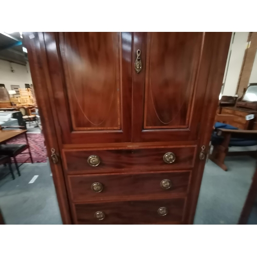 893 - An Edwardian mahogany and inlaid triple wardrobe 1.88m wide x approx. 2.2m high