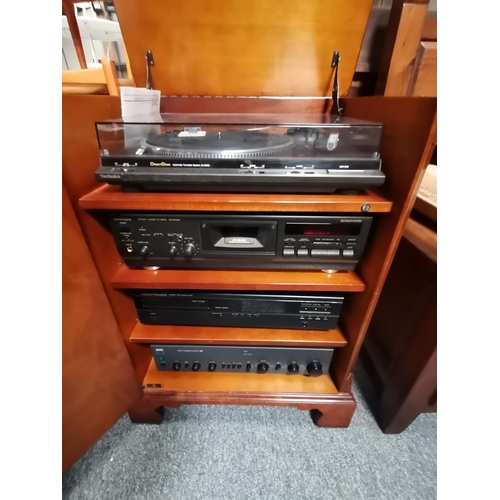 928 - A Charles Sheraton walnut record cabinet and two speaker cabinets, containing a Technics SL-DD33 tur... 