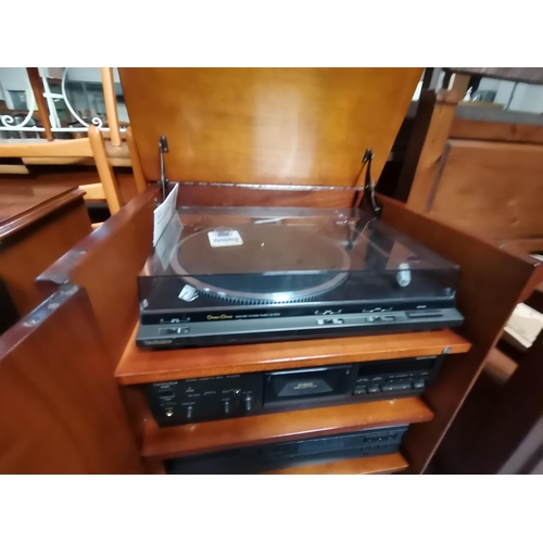 928 - A Charles Sheraton walnut record cabinet and two speaker cabinets, containing a Technics SL-DD33 tur... 