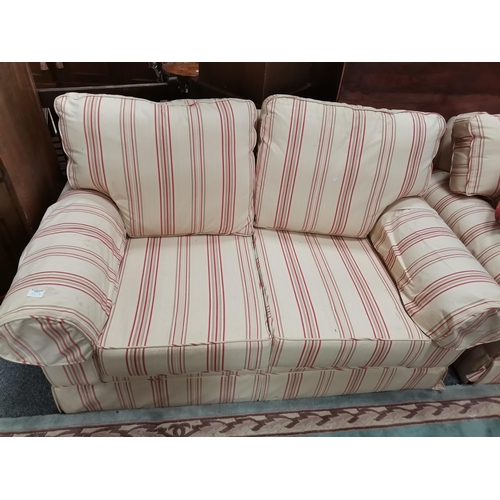 930b - x2 two seater sofas in cream with red stripes - W150cm