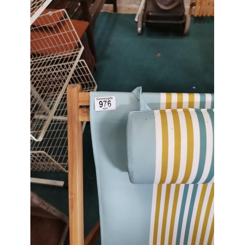 976 - A Pair of Pine Deck Chairs with duck egg blue seats plus 1 matching foot rest