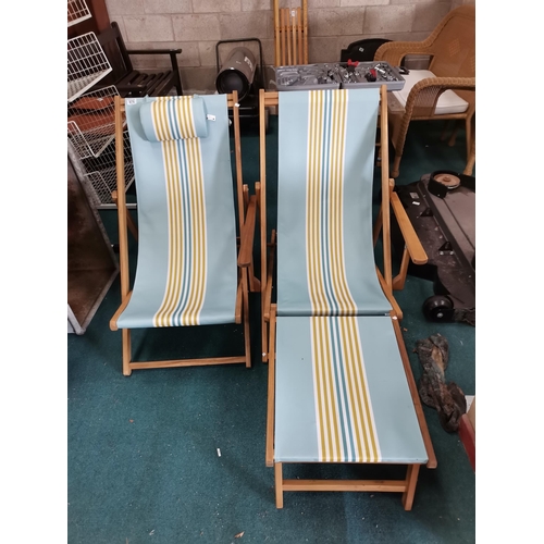 976 - A Pair of Pine Deck Chairs with duck egg blue seats plus 1 matching foot rest