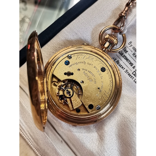 422 - An 18 carat gold half hunter pocket watch, the cream enamel dial signed J W Benson London, with Roma... 