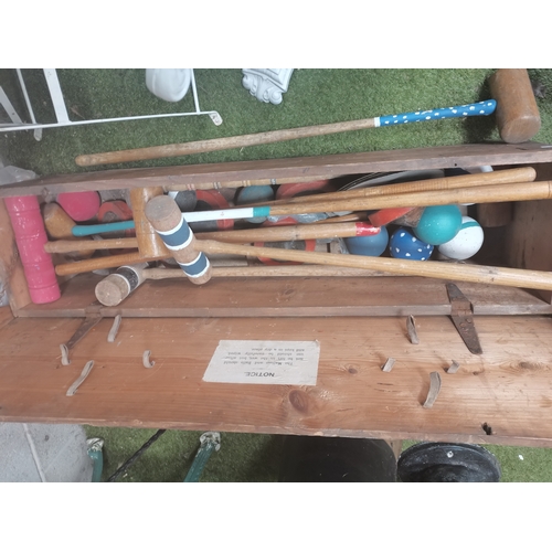 936 - Vintage Croquet set in wooden box pus additional mallets and balls