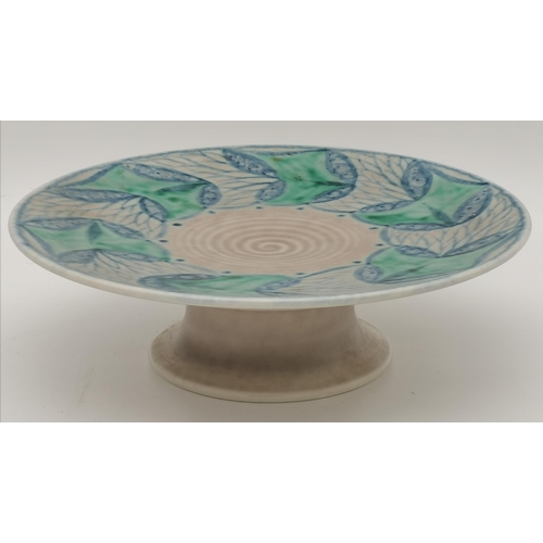 124 - A Pilkington's Royal Lancastrian cake stand, 1930s, the tazza decorated by Gwladys Rodgers, green an... 